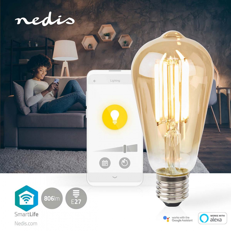 Nedis SmartLife LED Filament Bulb | Wi-Fi | E27 | 806 lm | 7 W | Warm White | 1800 - 3000 K | Glass | Android™ / IOS | ST64 | 1 pcs