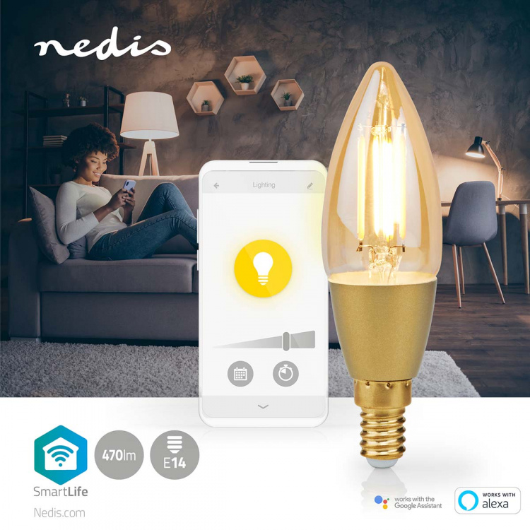 Nedis SmartLife LED Filament Bulb | E14 | 470 lm | 4.90 W | Warm White | 1800 - 3000 K | Glass | Android™ / IOS | Candle | 1 pcs Nedis SmartLife LED Filament Bulb | E14 | 470 lm | 4.90 W | Warm White | 1800 - 3000 K | Glass | Android™ / IOS | Candle | 1 pcs