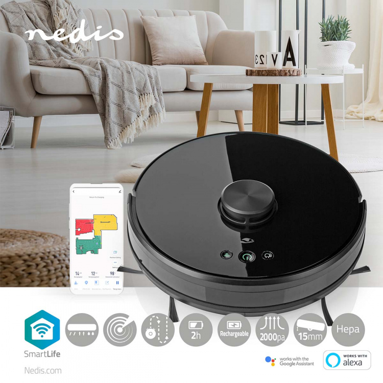 Nedis SmartLife Robot Vacuum Cleaner | Laser Navigation | Wi-Fi | Capacity collection reservoir: 0.6 l | Automatic charging | Maximum operating time: 2 hrs | Black | Android™ / IOS Nedis SmartLife Robot Vacuum Cleaner | Laser Navigation | Wi-Fi | Capacity collection reservoir: 0.6 l | Automatic charging | Maximum operating time: 2 hrs | Black | Android™ / IOS