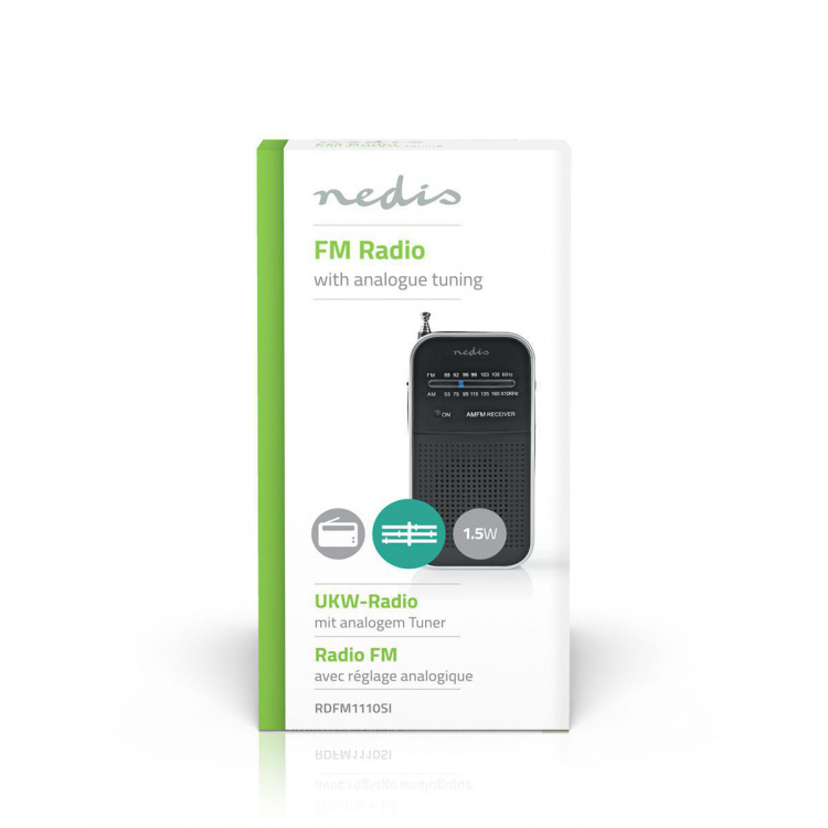 Nedis FM Radio | Portable Design | AM / FM | Battery Powered | Analogue | 1.5 W | Black White Screen | Headphone output | IP20 | Aluminium / Black Nedis FM Radio | Portable Design | AM / FM | Battery Powered | Analogue | 1.5 W | Black White Screen | Headphone output | IP20 | Aluminium / Black