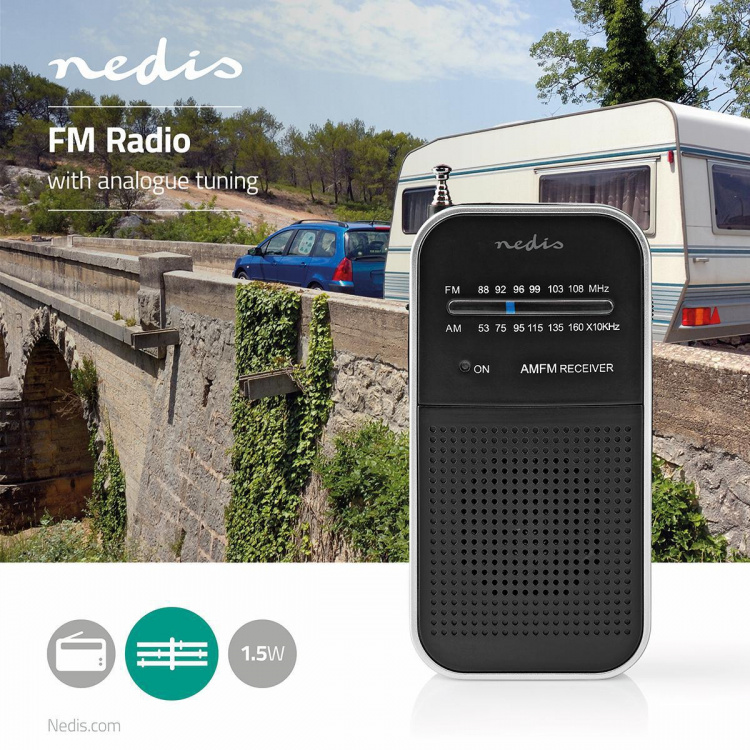 Nedis FM Radio | Portable Design | AM / FM | Battery Powered | Analogue | 1.5 W | Black White Screen | Headphone output | IP20 | Aluminium / Black Nedis FM Radio | Portable Design | AM / FM | Battery Powered | Analogue | 1.5 W | Black White Screen | Headphone output | IP20 | Aluminium / Black