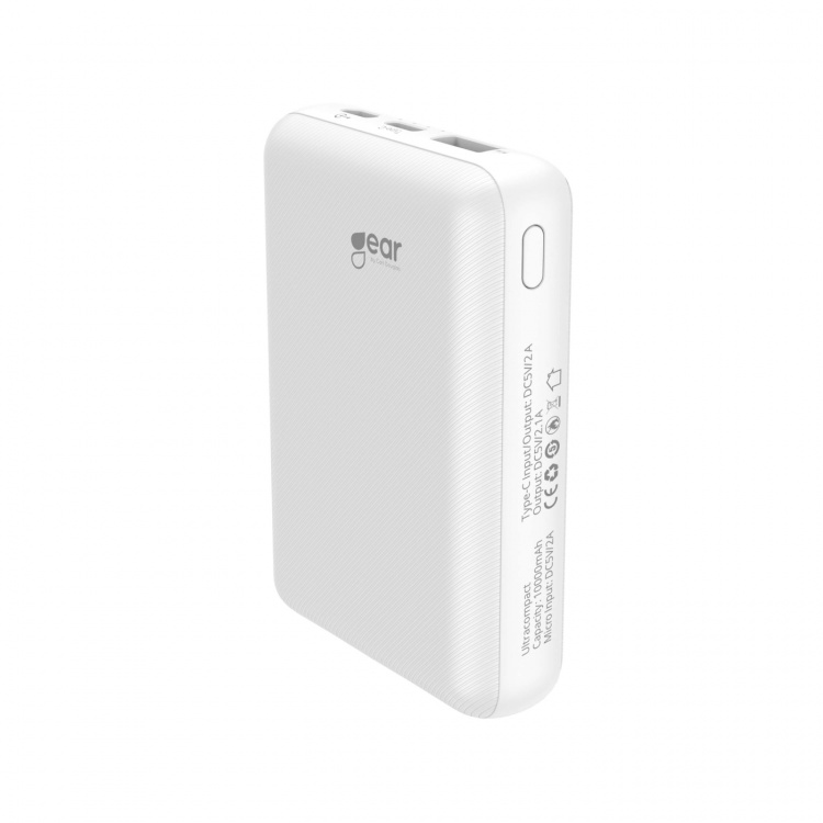 Gear Powerbank 10 000mAh LiPolymer Ultracompact 2.1A 1xUSB-C 2xUSB-A 1xMicroUSB White