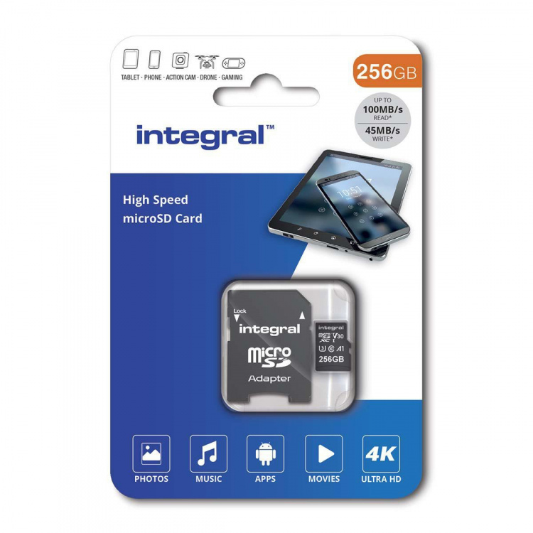 INTEGRAL 256GB High Speed MicroSDHC/XC V30 - 100MB/s Read - 45MB/s Write