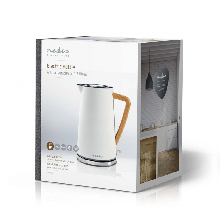 Nedis Electric Kettle | 1.7 l | Soft-Touch | White | Rotatable 360 degrees | Concealed heating element | Strix® controller | Boil-dry protection