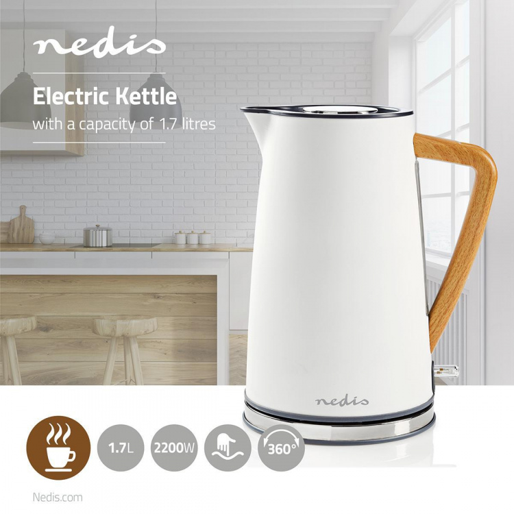 Nedis Electric Kettle | 1.7 l | Soft-Touch | White | Rotatable 360 degrees | Concealed heating element | Strix® controller | Boil-dry protection