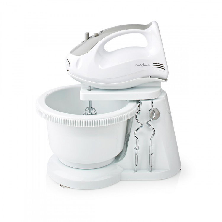 Nedis Hand Mixer | 200 W | 5-Speed Settings | Turbo feature | Turning Bowl / 2 Beaters / 2 Dough Hooks | Grey / White