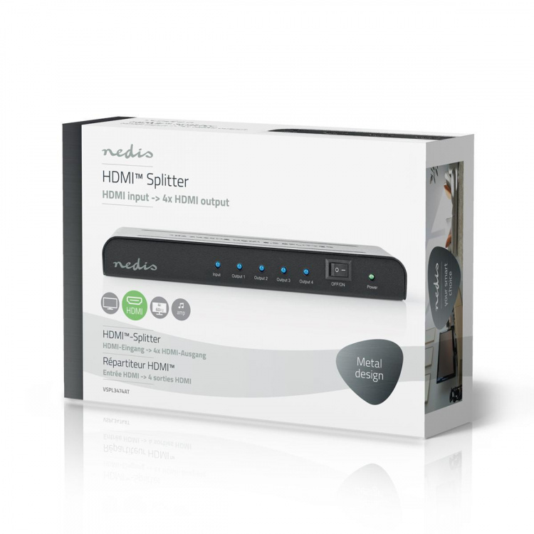 Nedis HDMI™ Splitter | 4 port(s) | 4x HDMI™ Output | 4K@60Hz | 18 Gbps | Metal | Anthracite
