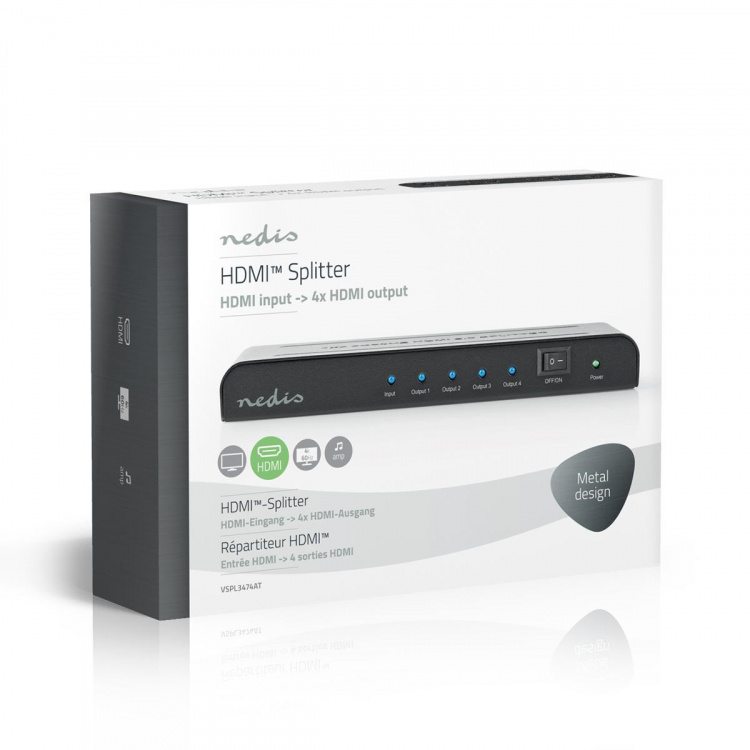 Nedis HDMI™ Splitter | 4 port(s) | 4x HDMI™ Output | 4K@60Hz | 18 Gbps | Metal | Anthracite