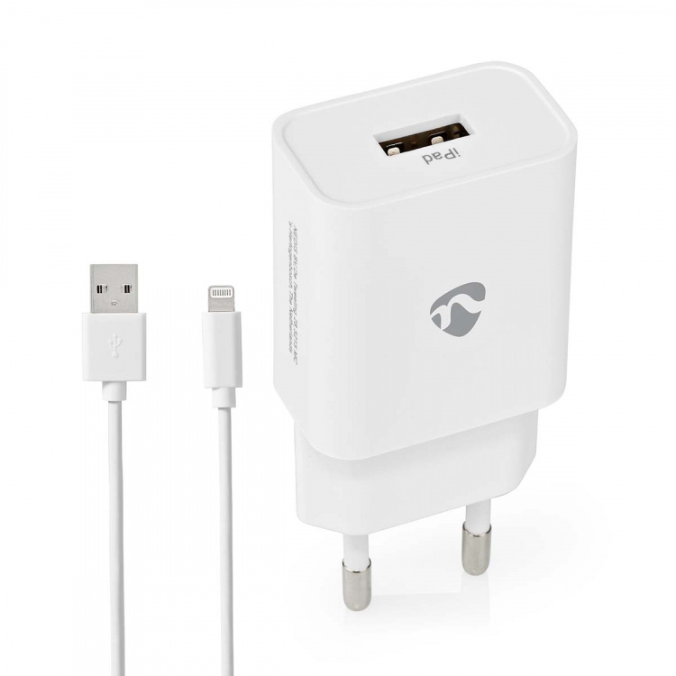 Nedis Wall Charger | Quick charge feature | 1x 2.4 A | Number of outputs: 1 | USB-A | Lightning 8-Pin (Loose) Cable | 1.00 m | Single Voltage Output | White