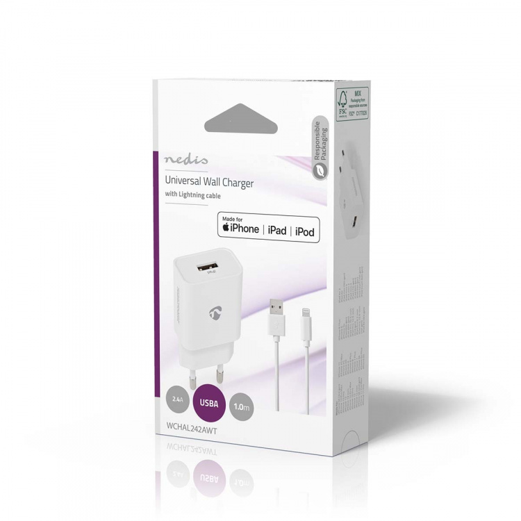Nedis Wall Charger | Quick charge feature | 1x 2.4 A | Number of outputs: 1 | USB-A | Lightning 8-Pin (Loose) Cable | 1.00 m | Single Voltage Output | White