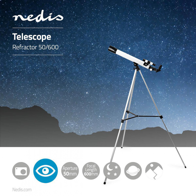 Nedis Telescope | Aperture: 50 mm | Focal length: 600 mm | Finderscope: 5 x 24 | Maximum working height: 125 cm | Tripod | Black / White Nedis Telescope | Aperture: 50 mm | Focal length: 600 mm | Finderscope: 5 x 24 | Maximum working height: 125 cm | Tripod | Black / White