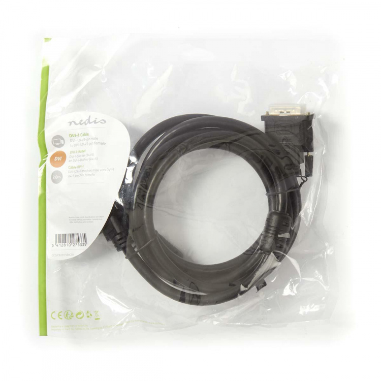 Nedis DVI Cable | DVI-I 24+5-Pin Male | DVI-I 24+5-Pin Female | 2560x1600 | Nickel Plated | 2.00 m | Straight | PVC | Black | Polybag