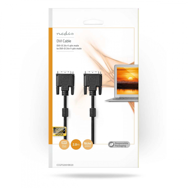 Nedis DVI Cable | DVI-D 24+1-Pin Male | DVI-D 24+1-Pin Male | 2560x1600 | Nickel Plated | 2.00 m | Straight | PVC | Black | Envelope