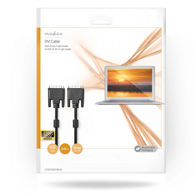 DVI Cable | DVI-D 24+1-Pin Male | DVI-D 24+1-Pin Male | 2560x1600 | Nickel Plated | 5.00 m | PVC | Black