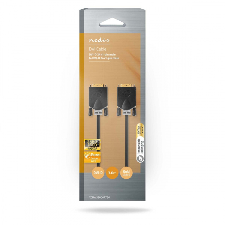 Nedis DVI Cable | DVI-D 24+1-Pin Male | DVI-D 24+1-Pin Male | 2560x1600 | Gold Plated | 3.00 m | Straight | PVC | Anthracite | Box
