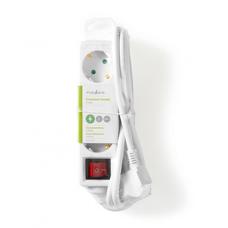 Nedis Extension Socket | Type F (CEE 7/7) | 3-Way | 1.50 m | 3680 W | 16 A | Kind of grounding: Side Contacts | 230 V AC 50/60 Hz | Socket angle: 45 ° | H05VV-F 3G1.5mm² | On/Off switch | White Nedis Extension Socket | Type F (CEE 7/7) | 3-Way | 1.50 m | 3680 W | 16 A | Kind of grounding: Side Contacts | 230 V AC 50/60 Hz | Socket angle: 45 ° | H05VV-F 3G1.5mm² | On/Off switch | White