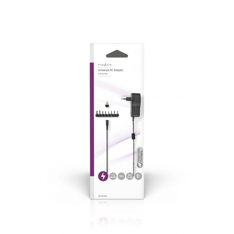 Nedis Universal AC Power Adapter | 18 W | 3 - 12 V DC | 1.10 m | 1.5 A | 8 plug(s) | Black