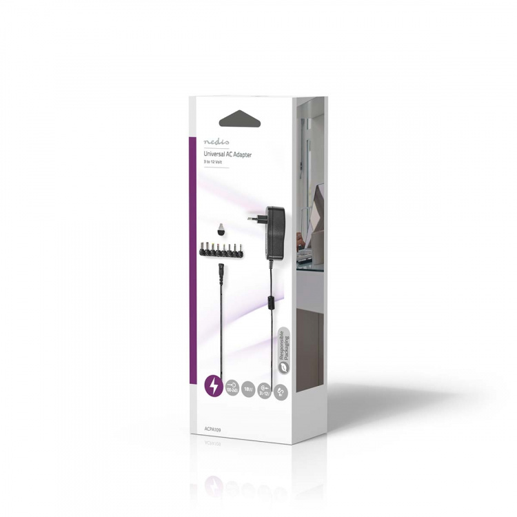 Nedis Universal AC Power Adapter | 18 W | 3 - 12 V DC | 1.10 m | 1.5 A | 8 plug(s) | Black
