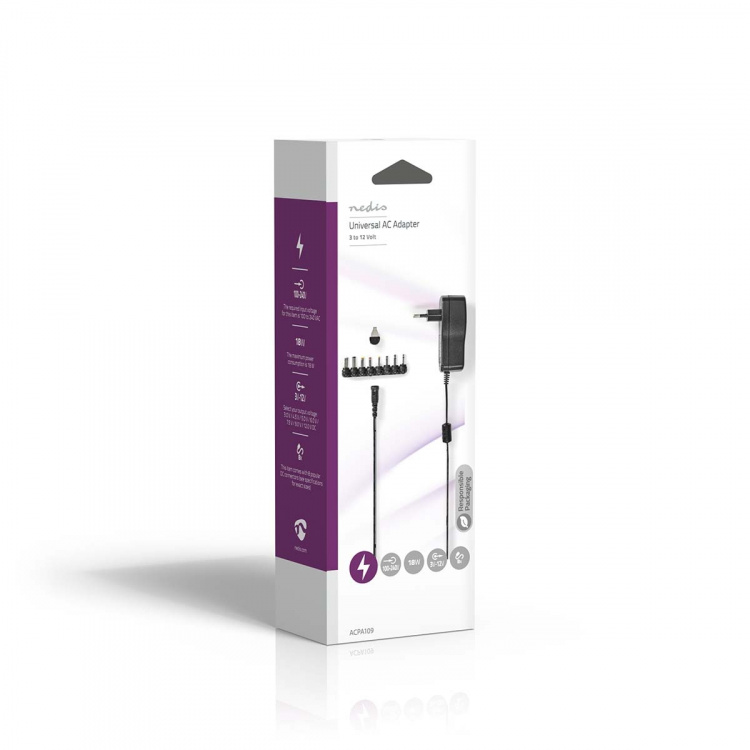 Nedis Universal AC Power Adapter | 18 W | 3 - 12 V DC | 1.10 m | 1.5 A | 8 plug(s) | Black