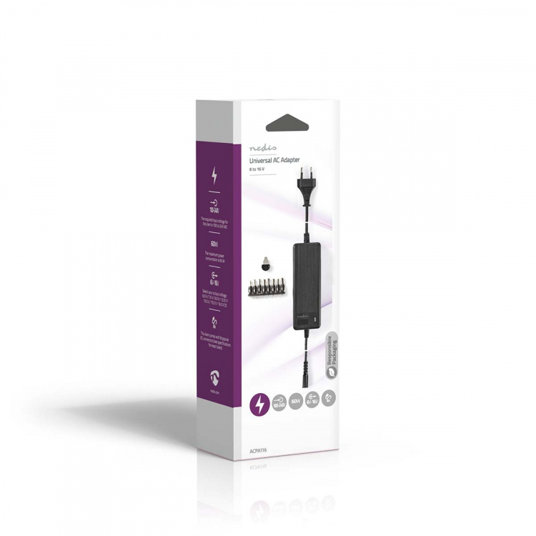 Nedis Universal AC Power Adapter | 60 W | 6 - 16 V DC | 1.10 m | 5.0 - 5.2 A | 8 plug(s) | Black