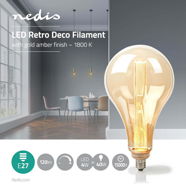 Nedis LED Filament Bulb E27 | PS165 | 3.5 W | 120 lm | 1800 K | Dimmable | With Gold Amber Finish | Retro Style | 1 pcs