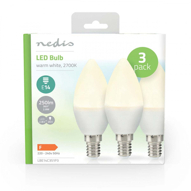 Nedis LED Bulb E14 | Candle | 2.8 W | 250 lm | 2700 K | Warm White | Frosted | 3 pcs