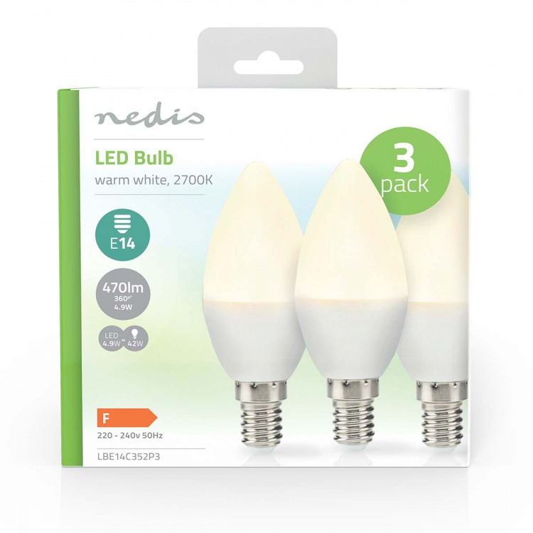 Nedis LED Bulb E14 | Candle | 4.9 W | 470 lm | 2700 K | Warm White | Frosted | 3 pcs