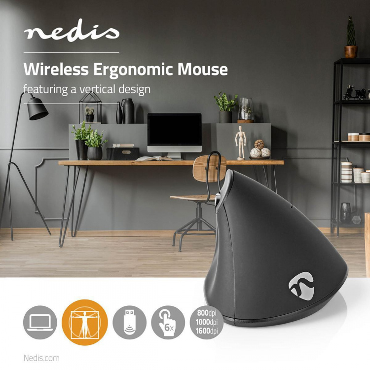 Nedis Mouse | Wireless | 800 / 1000 / 1600 dpi | Adjustable DPI | Number of buttons: 6 | Right-Handed
