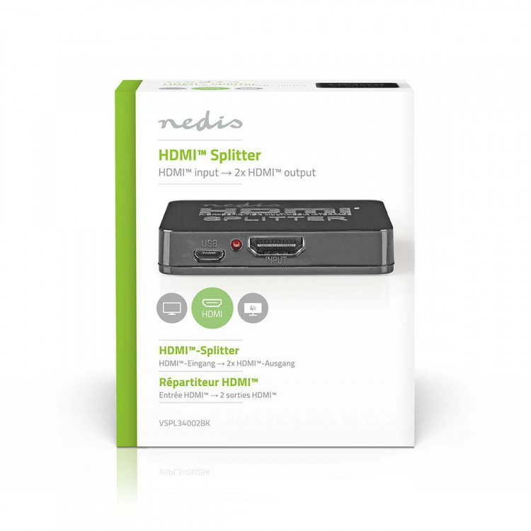 Nedis HDMI™ Splitter | 2 port(s) | 2x HDMI™ Output | 4K@30Hz | 2.25 Gbps | ABS / PVC | Black Nedis HDMI™ Splitter | 2 port(s) | 2x HDMI™ Output | 4K@30Hz | 2.25 Gbps | ABS / PVC | Black