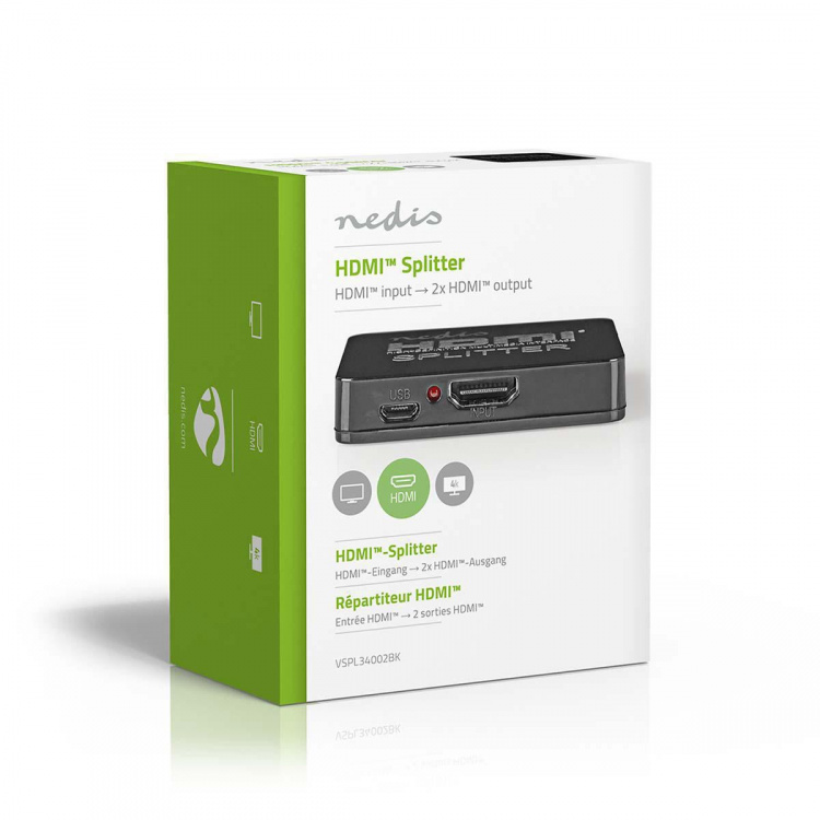 Nedis HDMI™ Splitter | 2 port(s) | 2x HDMI™ Output | 4K@30Hz | 2.25 Gbps | ABS / PVC | Black Nedis HDMI™ Splitter | 2 port(s) | 2x HDMI™ Output | 4K@30Hz | 2.25 Gbps | ABS / PVC | Black