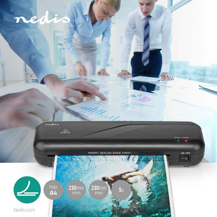 Nedis Laminator | Hot | A4 | 230 mm/min | Mains Powered | Black