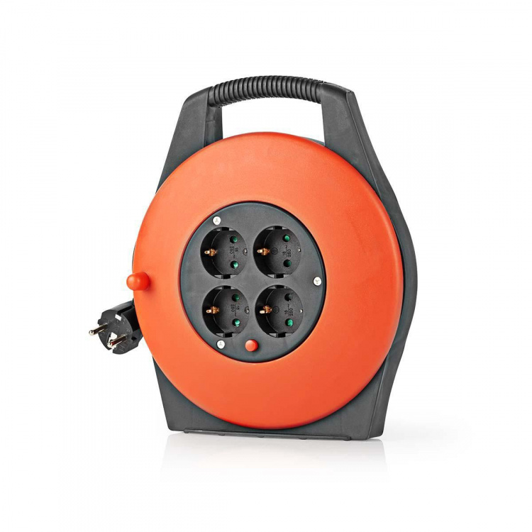 Nedis Cable Reel | Plug with earth contact | 10.0 m | 3200 W | 16 A | Kind of grounding: Side Contacts | 230 V AC 50/60 Hz | Socket angle: 90 ° | H05VV-F 3G1.5mm² | Fuse: Yes | Black / Orange