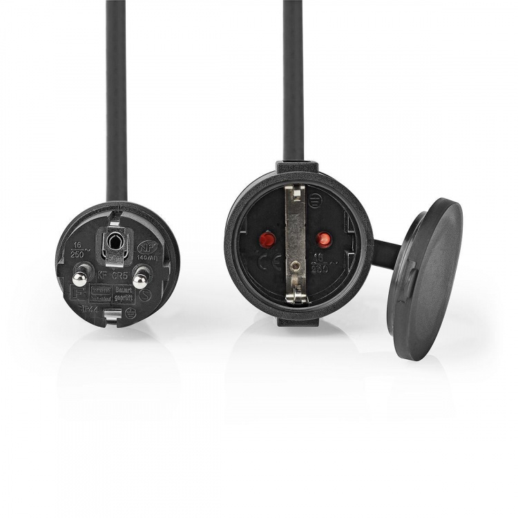 Nedis Extension Cable French M - French F | Type F (CEE 7/7) | Plug With Earth Contact | 20.0 m | 3680 W | 250 V - 50/60 Hz | Kind of grounding: Side Contacts | Socket angle: 90 ° | IP44 | H07RN-F 3G1.5 | Device power ouput connection(s): 1 | Black