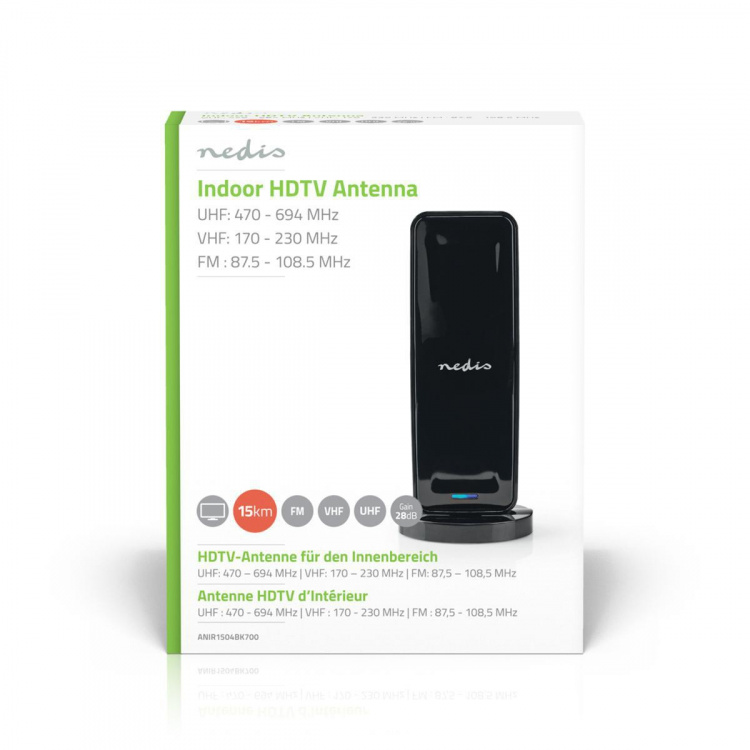 Nedis Indoor HDTV Antenna | Active | FM / UHF / VHF | Reception range: 0-15 km | LTE700 | Gain: 28 dB | ABS | Black