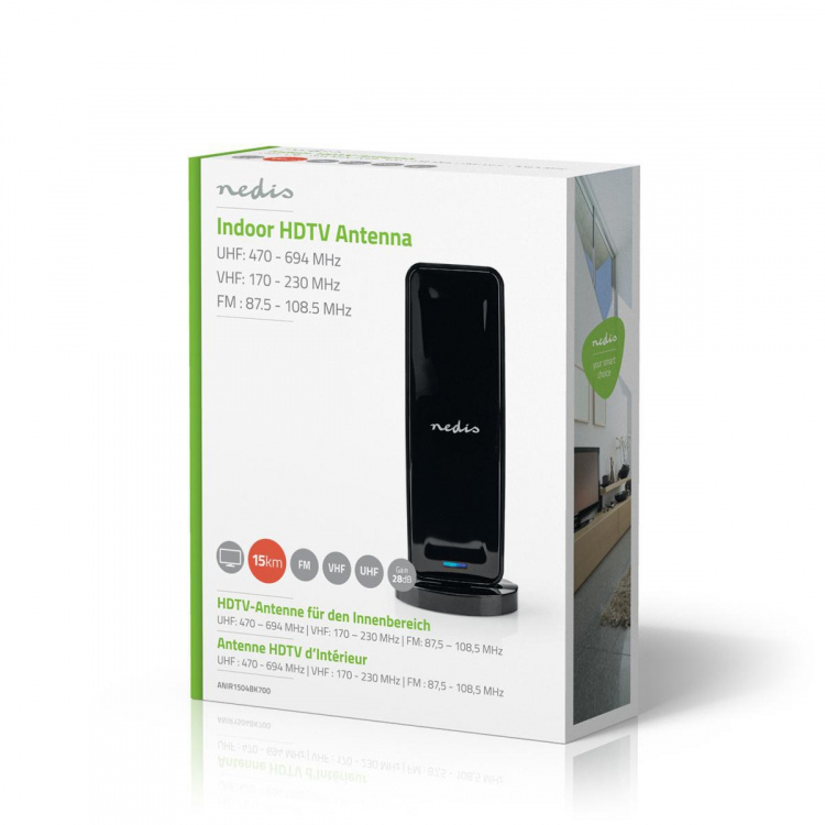 Nedis Indoor HDTV Antenna | Active | FM / UHF / VHF | Reception range: 0-15 km | LTE700 | Gain: 28 dB | ABS | Black