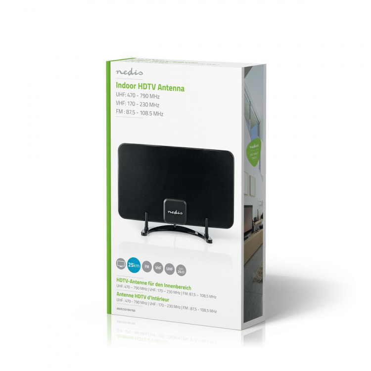 Nedis Indoor HDTV Antenna | Active | FM / UHF / VHF | Reception range: 0-25 km | LTE700 | Gain: 26 dB | ABS | Black