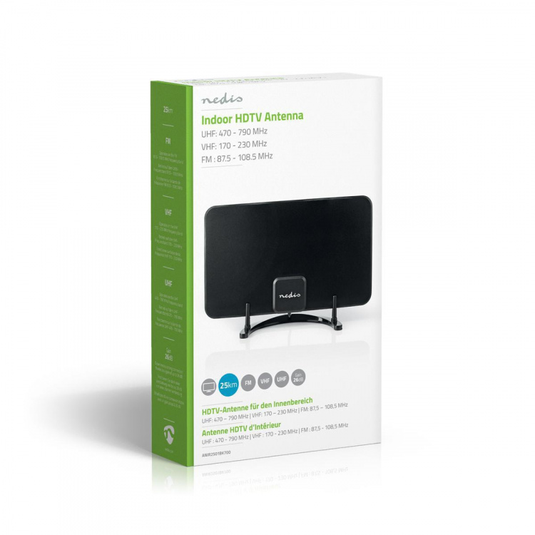 Nedis Indoor HDTV Antenna | Active | FM / UHF / VHF | Reception range: 0-25 km | LTE700 | Gain: 26 dB | ABS | Black
