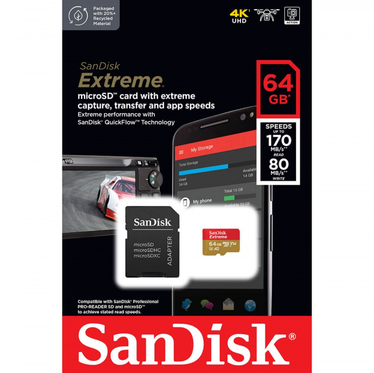 MicroSDXC Extreme 64GB Adapter 170MB/s A2 C10 V30