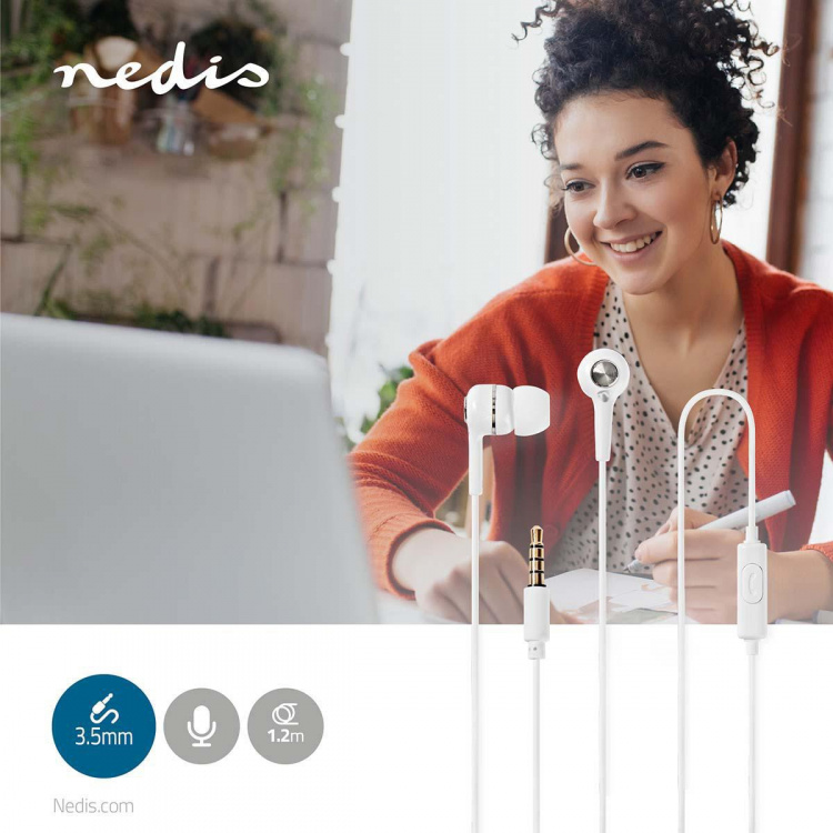 Nedis Wired Earphones | 3.5 mm | Cable length: 1.20 m | Built-in microphone | Volume control | White