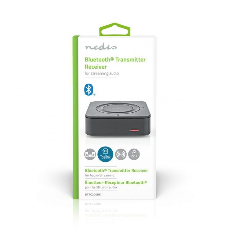 Nedis Bluetooth® Transmitter Receiver | Connection input: 1x AUX / 1x SPDIF | Connection output: 1x AUX / 1x SPDIF | AptX ™ Low latency / AptX™ / SBC | Up to 2 Devices | Battery play time: 22 hrs | Black