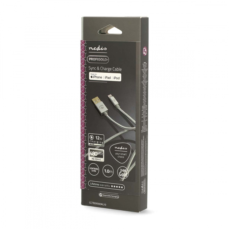 Nedis Lightning Cable | USB 2.0 | Apple Lightning 8-Pin | USB-A Male | 480 Mbps | Gold Plated | 1.00 m | Round | Braided / Nylon | Aluminium | Cover Window Box