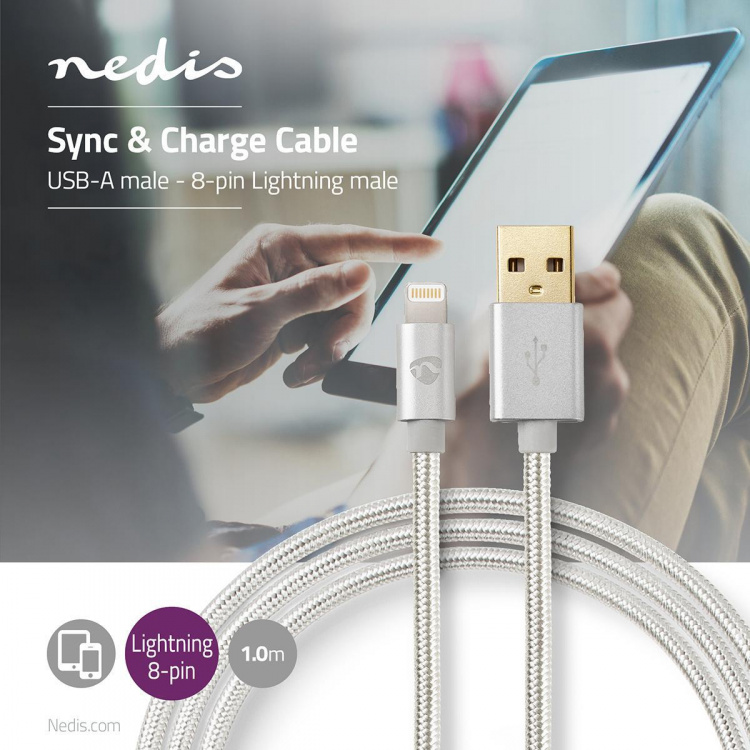Nedis Lightning Cable | USB 2.0 | Apple Lightning 8-Pin | USB-A Male | 480 Mbps | Gold Plated | 1.00 m | Round | Braided / Nylon | Aluminium | Cover Window Box