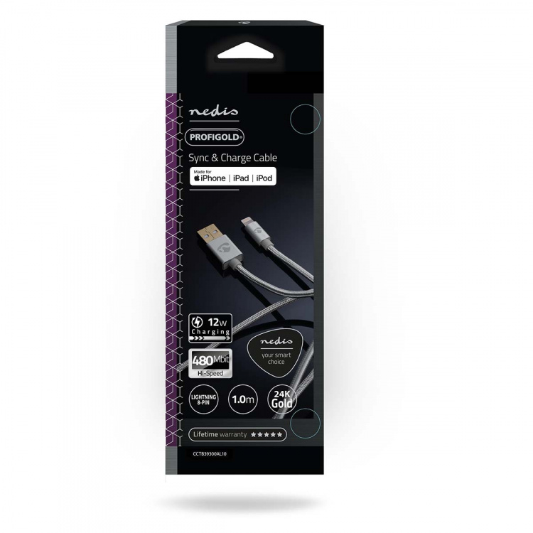 Nedis Lightning Cable | USB 2.0 | Apple Lightning 8-Pin | USB-A Male | 480 Mbps | Gold Plated | 1.00 m | Round | Braided / Nylon | Aluminium | Cover Window Box