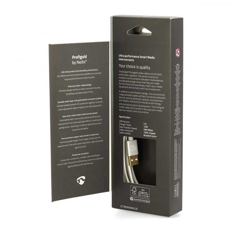 Nedis Lightning Cable | USB 2.0 | Apple Lightning 8-Pin | USB-A Male | 480 Mbps | Gold Plated | 2.00 m | Round | Braided / Nylon | Aluminium | Cover Window Box