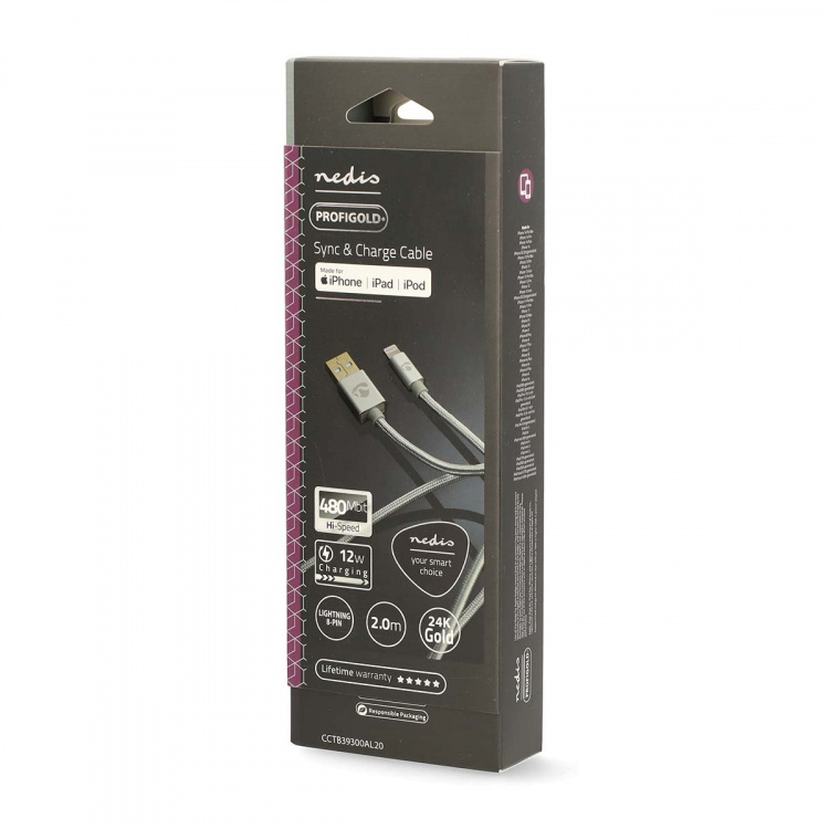 Nedis Lightning Cable | USB 2.0 | Apple Lightning 8-Pin | USB-A Male | 480 Mbps | Gold Plated | 2.00 m | Round | Braided / Nylon | Aluminium | Cover Window Box