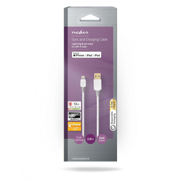 Nedis Lightning Cable | USB 2.0 | Apple Lightning 8-Pin | USB-A Male | 480 Mbps | Gold Plated | 2.00 m | Round | PVC | Grey / White | Box Nedis Lightning Cable | USB 2.0 | Apple Lightning 8-Pin | USB-A Male | 480 Mbps | Gold Plated | 2.00 m | Round | PVC | Grey / White | Box