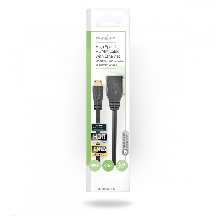 Nedis High Speed HDMI™ Cable with Ethernet | HDMI™ Mini Connector | HDMI™ Output | 4K@30Hz | 10.2 Gbps | 0.20 m | Round | PVC | Black | Envelope Nedis High Speed HDMI™ Cable with Ethernet | HDMI™ Mini Connector | HDMI™ Output | 4K@30Hz | 10.2 Gbps | 0.20 m | Round | PVC | Black | Envelope