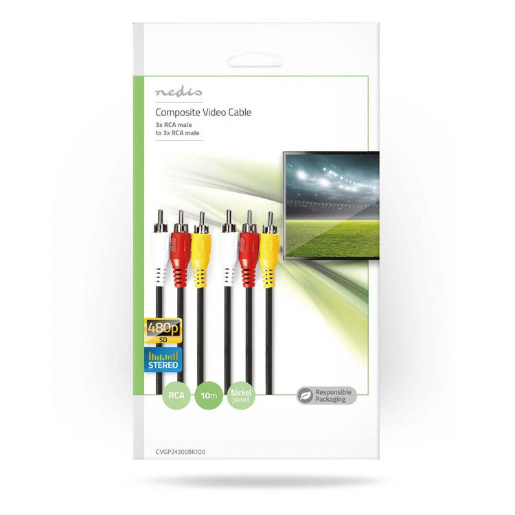 Nedis Composite Video Cable | 3x RCA Male | 3x RCA Male | Nickel Plated | 480p | 10.0 m | Round | PVC | Black | Envelope Nedis Composite Video Cable | 3x RCA Male | 3x RCA Male | Nickel Plated | 480p | 10.0 m | Round | PVC | Black | Envelope