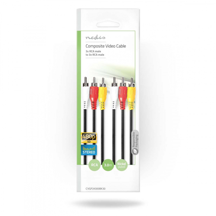Nedis Composite Video Cable | 3x RCA Male | 3x RCA Male | Nickel Plated | 480p | 3.00 m | Round | PVC | Black | Envelope
