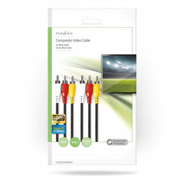 Nedis Composite Video Cable | 3x RCA Male | 3x RCA Male | Nickel Plated | 480p | 5.00 m | Round | PVC | Black | Envelope Nedis Composite Video Cable | 3x RCA Male | 3x RCA Male | Nickel Plated | 480p | 5.00 m | Round | PVC | Black | Envelope